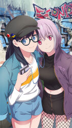 Rule 34 | 2girls, archived source, black hair, black hat, black shirt, black skirt, blue eyes, blue jacket, blue shorts, breasts, cable, closed mouth, cowboy shot, crop top, digital media player, earbuds, earphones, fishnet pantyhose, fishnets, game cg, glasses, graffiti, green-framed eyewear, gridman universe, hands in pockets, hat, hat pin, highres, holding, holding digital media player, jacket, jacket on shoulders, large breasts, long hair, long sleeves, looking at viewer, midriff, multiple girls, navel, newsboy cap, official art, open clothes, open jacket, pantyhose, pink hair, purple jacket, red eyes, shinjou akane, shirt, short hair, shorts, skirt, small breasts, smile, ssss.gridman, takarada rikka, third-party source, turtleneck, white shirt, zipper skirt