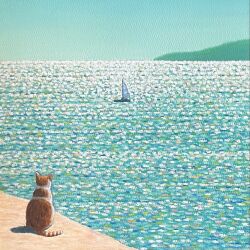 blue_sky cat day highres keitatsujia no_humans ocean original painting_(medium) reflection reflective_water sail shore sitting sky traditional_media water yacht