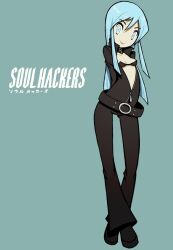 Rule 34 | 1girl, beeru (veil8801), belt, blue eyes, blue hair, bodysuit, breasts, center opening, closed mouth, collar, collarbone, commentary, copyright name, devil summoner: soul hackers, devil summoner (series), full body, highres, long hair, looking at viewer, nemissa, pale skin, simple background, smile, solo, zipper