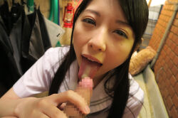 1boy 1girl aoi_rena black_hair blurry blurry_background censored close-up cum cum_in_mouth fellatio flat_chest indoors japanese_(nationality) jav long_hair looking_at_viewer open_mouth oral penis photo_(medium) school_uniform tongue tongue_out