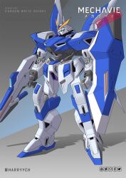 Rule 34 | character name, commentary, commission, deviantart logo, english commentary, facebook logo, full body, gaia gear, green eyes, gun, gundam, harryych, highres, holding, holding gun, holding weapon, looking ahead, man machine, mecha, no humans, original, pixiv logo, robot, science fiction, shield, solo, twitter logo, twitter username, v-fin, weapon