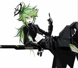 1girl :d aotu_world belt black_belt black_boots black_gloves black_jacket black_pants black_shirt boots chinese_commentary crop_top cropped_jacket g22 gloves greatsword green_hair hair_between_eyes halo highres index_finger_raised jacket jewelry long_hair long_sleeves looking_at_viewer low_ponytail male_focus midriff multicolored_eyes multiple_rings open_mouth pants partially_colored ponytail red_eyes ring shirt simple_background sitting smile solo sword waist_cape weapon white_background xander_(aotu_world) yellow_eyes