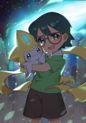 1boy :d absurdres blush brown_shorts collared_shirt commentary_request gen_3_pokemon glasses green_eyes green_hair green_shirt highres holding holding_pokemon jirachi legendary_pokemon male_focus max_(pokemon) mythical_pokemon night nintendo open_mouth outdoors pokemon pokemon:_jirachi:_wish_maker pokemon_(anime) pokemon_(creature) pokemon_rse_(anime) raised_eyebrows shirt short_hair short_sleeves shorts sky smile sparkle standing taisa_(lovemokunae) tongue