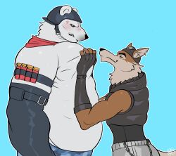 2boys absurdres animal_ears bara bear_boy blush cowboy_shot detached_sleeves egg_concept eye_contact foreplay fortnite from_side furry furry_male hard_hat helmet highres huge_pectorals looking_at_another male_focus multiple_boys muscular muscular_male parody pectoral_grab pectorals photo-referenced polar_patroller_(fortnite) profile seductive_smile short_hair smile standing tail two-tone_fur wendell_(fortnite) wolf_boy wolf_ears wolf_tail yaoi