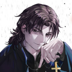 1boy brown_eyes brown_hair cross cross_necklace evil_smile fate/stay_night fate_(series) highres holding holding_cross jar_1156944126 jewelry kotomine_kirei male_focus mullet necklace rain smile solo upper_body wet zipper
