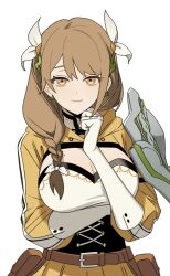 1girl black_corset braid braided_ponytail breasts brown_eyes brown_hair cleavage corset dr_metagross fire_emblem fire_emblem_engage gloves goldmary_(fire_emblem) hair_ribbon highres large_breasts long_hair looking_at_viewer low_ponytail mole mole_on_breast nintendo ponytail ribbon smile solo upper_body white_gloves white_ribbon yellow_eyes