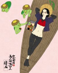 1girl 3others absurdres artist_logo black_hair black_pants black_socks boat brown_eyes commentary cucumber eating english_commentary food from_above full_body highres holding holding_food japanese_mythology kappa logo lying midriff multiple_others navel on_back on_boat original pants saitama_prefecture sei5osuzuki socks tabi watercraft