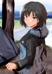 1girl amagami black_coat black_hair blue_coat blush bob_cut brown_eyes brown_shirt camping closed_mouth coat day grass hood hood_down lake looking_at_viewer looking_back mountain multicolored_coat murasaki_iro nanasaki_ai outdoors shirt short_hair sky smile solo tent tree two-tone_coat upper_body