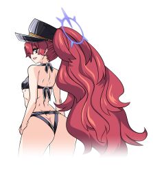1girl alternate_ass_size alternate_costume ass bikini black_bikini blue_archive butt_crack fluffy_hair from_behind halo hat highres iroha_(blue_archive) lazy_ant military_hat peaked_cap purple_halo red_hair simple_background solo swimsuit wavy_hair white_background