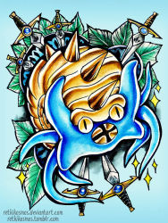 commentary creature dagger english_commentary full_body gen_1_pokemon knife leaf nintendo no_humans omanyte omastar painting_(medium) plant pokemon pokemon_(creature) retkikosmos shell tentacles traditional_media watercolor_(medium) watermark weapon web_address