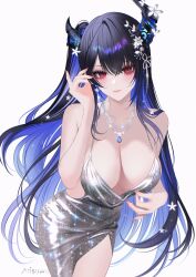 Rule 34 | 1girl, 707arisu, absurdres, adjusting clothes, adjusting hair, alternate costume, artist name, asymmetrical bangs, asymmetrical horns, bare arms, bare shoulders, black hair, blue gemstone, blue hair, breasts, cleavage, collarbone, colored inner hair, commentary, crossed bangs, demon horns, dress, evening gown, eyelashes, fingernails, flower, front slit, gem, glint, glitter dress, gown, grey dress, hair flower, hair ornament, highres, hololive, hololive english, horns, jewelry, large breasts, leaning forward, light blush, lips, long dress, long hair, looking at viewer, mole, mole under eye, multicolored hair, necklace, nerissa ravencroft, one side up, pink nails, red eyes, simple background, sleeveless, sleeveless dress, solo, tassel, tassel hair ornament, uneven horns, virtual youtuber, white background