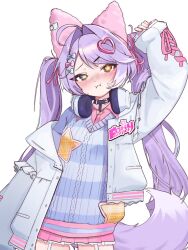 1girl ahoge blue_eyes blush fox_tail heterochromia highres long_hair pout purple_hair purple_tail simple_background solo stellive tail tenko_shibuki twintails two-tone_tail virtual_youtuber white_background