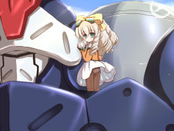 1girl bow brown_hair dress drill_hair goggles goggles_on_head green_eyes hair_bow long_hair maria_balthasar mecha panties panties_under_pantyhose pantyhose pantyshot ribbon robot ry_(yagoyago) seibzehn skirt square_enix underwear upskirt xeno_(series) xenogears
