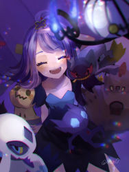 1girl :d acerola_(pokemon) arm_support banette blue_dress blue_fire blurry chandelure chromatic_aberration closed_eyes collarbone commentary_request creatures_(company) dress drifblim en_(o0) eyelashes facing_viewer fire flipped_hair froslass game_freak gen_3_pokemon gen_4_pokemon gen_5_pokemon gen_7_pokemon hair_ornament hairclip mimikyu multicolored_dress nintendo open_mouth palossand pokemon pokemon_(creature) pokemon_sm purple_hair sableye short_sleeves smile teeth tongue topknot torn_clothes torn_dress