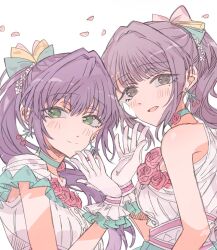 2girls :d animification aqua_bow aqua_choker black_hair bow breasts cherry_earrings choker commentary dress earrings falling_petals floating_hair flower flower-trimmed_dress flower_choker flower_hands flower_hands_duo food-themed_earrings food_themed_earrings frilled_gloves frills gloves green_eyes grey_eyes hair_bow hair_intakes hanamiya_nina highres jewelry junjun_(kimi-la) link!_like!_love_live! love_live! medium_breasts mole mole_under_eye multiple_girls official_alternate_costume open_mouth otomune_kozue petals pink_bow pink_flower pink_petals pink_rose ponytail purple_hair real_life rose sidelocks simple_background single-shoulder_dress single_bare_shoulder smile symbol-only_commentary upper_body virtual_youtuber voice_actor white_background white_dress white_gloves yume_wazurai