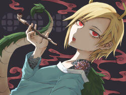 1girl antlers arm_tattoo blonde_hair blue_shirt dragon_girl dragon_horns dragon_tail flower_tattoo fur-tipped_tail green_scales green_tail highres holding holding_smoking_pipe horns kicchou_yachie looking_at_viewer monster_girl open_mouth red_eyes scales shirt short_hair shoulder_tattoo smoking smoking_pipe solo tail tattoo tonfa_(sisio) touhou turtle_shell yellow_horns
