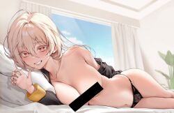 1girl bar_censor bare_shoulders black_jacket black_panties blonde_hair blue_sky blurry blurry_background blush breasts censored chano39 cleavage cloud collarbone curtains day grin groin hair_between_eyes indoors jacket lace lace-trimmed_panties lace_trim large_breasts lethe_rin long_hair long_sleeves looking_at_viewer lying navel no_bra off_shoulder on_bed on_side open_clothes open_jacket original panties pillow plant potted_plant red_eyes sidelocks skindentation sky smile solo stomach sweatdrop teeth thighs underwear window