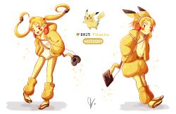 Rule 34 | 1boy, 1girl, animal ear headphones, animal ears, bag, blonde hair, blush, commentary, endifi, fake animal ears, full body, gen 1 pokemon, hands in pockets, headphones, jacket, leg warmers, leotard, long hair, navel, nintendo, open mouth, personification, pikachu, pokemon, pokemon (creature), reference inset, sandals, shorts, smile, sparkle, split mouth, twintails, white leotard, yellow jacket, yellow leg warmers, yellow shorts