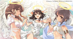 3girls angel angel_wings armlet asahina_mikuru bandeau bikini black_hair bracelet breasts brown_hair cleavage closed_mouth copyright_notice feathered_wings grey_hair hair_ribbon halo holding_hands ito_noizi jewelry looking_at_viewer medium_breasts medium_hair multiple_girls nagato_yuki official_art open_mouth orange_ribbon ribbon second-party_source short_hair small_breasts suzumiya_haruhi suzumiya_haruhi_no_yuuutsu swimsuit traditional_halo white_bandeau white_bikini white_wings wings