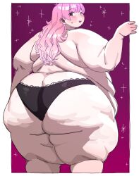 1girl ass back black_panties blush butt_crack cellulite fat fat_woman from_behind huge_ass ki-da_(ipkcte5b0htjned) lace lace-trimmed_panties lace_trim lingerie long_hair looking_back obese open_mouth original panties pink_background pink_hair purple_eyes smile solo sparkle standing sweat thick_arms thick_thighs thighs topless_female underwear