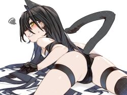 Rule 34 | 1girl, animal ears, arknights, ass, black gloves, black hair, black shorts, cat ears, cat girl, cat tail, clenched teeth, commentary request, dagda (arknights), ear piercing, extra ears, gloves, highres, kochiya (gothope), long hair, lying, on stomach, paid reward available, parted lips, piercing, shorts, simple background, solo, squiggle, tail, teeth, thigh strap, white background, yellow eyes