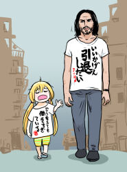 1boy 1girl black_hair blonde_hair clothes_writing crossover futaba_anzu hidero_(hidero1) idolmaster idolmaster_cinderella_girls john_wick john_wick_(character) keanu_reeves low_twintails open_mouth pants parody shirt t-shirt twintails walking