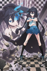 Rule 34 | 2girls, bikini, black bikini, black coat, black hair, black rock shooter, black rock shooter (character), blue eyes, blue sailor collar, blue skirt, coat, coat on shoulders, crossed arms, flaming eye, front-tie bikini top, front-tie top, highres, kuroi mato, multiple girls, navel, pleated skirt, sailor collar, school uniform, serafuku, short twintails, skirt, swimsuit, twintails, uneven twintails, yamanami kousuke