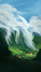Rule 34 | animal, bear, blue sky, cloud, cloudy sky, day, field, house, landscape, mountainous horizon, no humans, original, outdoors, painterly, polar bear, scenery, size difference, sky, valley, zandra