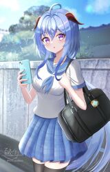 Rule 34 | 1girl, :o, absurdres, ahoge, alternate costume, black bag, black thighhighs, blue hair, blue nails, blue neckerchief, blue skirt, breasts, carrying bag, cellphone, commentary request, cowboy shot, day, ganyu (genshin impact), genshin impact, goat horns, hand up, highres, holding, holding phone, horns, hyakuya iori, light blue hair, light blush, long hair, looking at viewer, medium breasts, neckerchief, open mouth, outdoors, phone, pleated skirt, purple eyes, school uniform, serafuku, shirt, short sleeves, signature, skirt, sky, smartphone, solo, thighhighs, twitter username, very long hair, vision (genshin impact), white shirt, zettai ryouiki