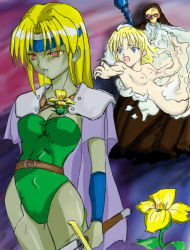 1990s_(style) 1boy 1girl artist_request blonde_hair blue_eyes breasts cape celes_chere chadarnook final_fantasy final_fantasy_vi flower gradient_background headband leotard long_hair multiple_views nipples nude pink_eyes plant retro_artstyle shoulder_pads sword weapon zombie