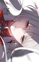 1girl commentary_request earrings grey_eyes heterochromia highres jewelry looking_at_viewer loose_bandages parted_lips phrolova_(wuthering_waves) portrait red_eyes solo twitter_username white_background wu_yuuri wuthering_waves