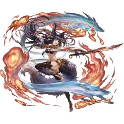 1girl \n/ airplane_arms animal_ears barefoot bell black_thighhighs breasts cleavage crossed_swords double_\n/ dual_wielding dynamic_pose erune fire fox fox_ears fox_tail full_body gloves granblue_fantasy groin hair_ornament hitodama holding holding_behind_back holding_sword holding_sword_behind_back holding_weapon holding_weapon_behind_back holding_with_gesture jingle_bell large_breasts long_hair minaba_hideo official_art outstretched_arms purple_gloves purple_hair red_eyes smile solo spread_arms sword tail thighhighs toeless_legwear transparent_background very_long_hair weapon yuel_(granblue_fantasy)