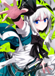 1girl belt black_bow black_bowtie black_hairband blue_eyes bow bowtie collared_shirt commentary green_background green_vest hair_ribbon hairband highres konpaku_youmu konpaku_youmu_(ghost) looking_at_viewer outstretched_arm reaching reaching_towards_viewer ribbon sazanami_mio sheath sheathed shirt short_hair short_sleeves solo sword touhou upper_body vest weapon white_hair white_shirt