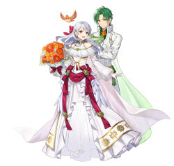 1boy 1girl absurdres bird bouquet bride commentary_request dress fire_emblem fire_emblem:_radiant_dawn fire_emblem_heroes flower gloves green_hair groom highres holding holding_bouquet long_hair micaiah_(bridal)_(fire_emblem) micaiah_(fire_emblem) nintendo official_art orange_bird short_hair simple_background smile sothe_(fire_emblem) sothe_(groom)_(fire_emblem) step-siblings teffish wedding_dress white_background white_gloves white_hair yellow_eyes yune_(fire_emblem)