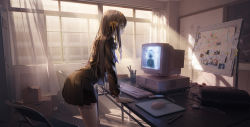 1girl absurdres artist_request asahina_mikuru bag box brown_hair cellphone chair chalkboard computer computer_keyboard computer_mouse crumpled_paper curtains duster hair_ribbon highres japanese_text koizumi_itsuki kyon light_rays locker long_hair map marker monitor mousepad multicolored_hair nagato_yuki official_alternate_hair_length official_alternate_hairstyle pen pencil phone photo_(object) ribbon ruler skirt streaked_hair suzumiya_haruhi suzumiya_haruhi_no_shoushitsu suzumiya_haruhi_no_yuuutsu thighs whiteboard window