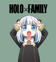 anya_(spy_x_family) anya_(spy_x_family)_(cosplay) black_dress blue_eyes blue_hair child collared_shirt cone_hair_bun cosplay dress eden_academy_school_uniform gawr_gura gold_trim hair_bun hairpods highres hololive hololive_english jpc medium_dress medium_hair multicolored_hair neck_ribbon red_ribbon red_tie ribbon school_uniform shirt spy_x_family streaked_hair two-sided_dress two-sided_fabric two_side_up virtual_youtuber white_hair