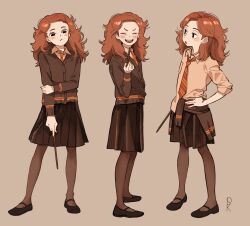 Rule 34 | 1girl, ^ ^, black eyes, black footwear, brown background, brown pantyhose, brown shirt, brown skirt, closed eyes, clothes around waist, collage, full body, hand on own hip, harry potter (series), hermione granger, highres, hogwarts school uniform, long hair, necktie, open mouth, orange hair, pantyhose, pleated skirt, red necktie, sakurada kayoko, school uniform, shirt, shirt around waist, skirt, standing, wand, wavy hair, wizarding world