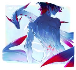 1boy animal animal_ears arsh_(thestarwish) artist_name back_tattoo blue_skin colored_skin completely_nude dated eel fish_boy from_behind gills glowing male_focus muscular nude open_mouth original red_hair rounded_corners tattoo