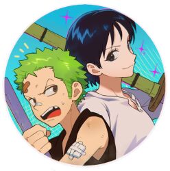 1boy 1girl aged_down bandaid bandaid_on_face bare_shoulders black_eyes blue_hair child closed_mouth commentary_request dark_blue_hair green_hair holding holding_weapon one_piece open_mouth qin_(7833198) roronoa_zoro shimotsuki_kuina short_hair smile teeth weapon