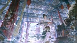 1boy absurdres altar architecture armor belt black_belt breastplate chinese_clothes commission duanqishaonur east_asian_architecture feathers feet_out_of_frame floating_clothes gem hair_bun hanfu highres holding incense indoors male_focus open_door original own_hands_together pillar red_gemstone short_hair single_hair_bun smoke solo standing temple watermark white_feathers white_hanfu wind xiao_guan_(headdress)