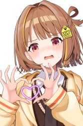 Rule 34 | 1girl, absurdres, black necktie, black vest, blonde hair, blush, copyright name, drawn heart, embarrassed, hair intakes, hair ornament, heart, heart hands, highres, jacket, kizinn0526, necktie, parted lips, red eyes, school uniform, sendo yuuhi, sendo yuuhi (1st costume), shirt, simple background, solo, sweat, tearing up, upper body, vest, virtual youtuber, vspo!, wavy mouth, white background, white shirt, yellow jacket