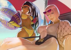 2girls absurdres aqua_trim bandaid bandaid_on_face beach_umbrella bikini black_hair breasts cleavage cropped_jacket dark-skinned_female dark_skin dreadlocks eyewear_on_head hand_on_own_hip highleg highleg_one-piece_swimsuit highres holding_spray_can kimberly_jackson large_breasts manon_legrand multicolored_headband multiple_girls official_alternate_costume official_alternate_hairstyle one-piece_swimsuit pink_hair sheep_shin spray_can street_fighter street_fighter_6 sunglasses swimsuit umbrella yellow_bikini
