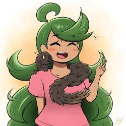 blush breasts closed_eyes dark-skinned_female dark_skin dinojagger12 dinosaur fur green_hair long_hair mallow_(pokemon) medium_breasts nintendo pokemon pokemon_sm short_sleeves teeth upper_teeth_only v very_long_hair