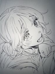 1girl absurdres blush commentary_request from_above graphite_(medium) greyscale highres kaoru_hana_wa_rin_to_saku looking_at_viewer looking_up mikami_saka monochrome official_art open_mouth simple_background sketch smile solo teeth traditional_media waguri_kaoruko white_background