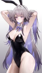 1girl absurdres adjusting_hair alternate_costume animal_ear_hairband animal_ears armpit_focus armpits arms_behind_head arms_up black_leotard blush bow bowtie breasts closed_mouth colored_inner_hair commentary covered_navel cowboy_shot english_commentary fake_animal_ears grey_hair hair_intakes hair_lift hairband hand_in_own_hair hands_in_hair herta_(honkai:_star_rail) highleg highleg_leotard highres honkai:_star_rail honkai_(series) jewelry key key_necklace large_breasts leotard long_hair multicolored_hair necklace playboy_bunny presenting_armpit purple_bow purple_bowtie purple_eyes purple_hair rabbit_ear_hairband rabbit_ears simple_background solo strapless strapless_leotard sweat the_herta_(honkai:_star_rail) thighs very_long_hair vitaminechan white_background