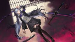 1girl alternate_costume armband black_jacket black_shoes black_skirt black_thighhighs blue_armband blue_bow blue_bowtie bow bowtie full_body grey_hair highres honkai:_star_rail honkai_(series) jacket jingliu_(honkai:_star_rail) loafers long_hair long_sleeves looking_up lying on_back parted_lips planted planted_sword planted_weapon pleated_skirt school_uniform shirt shoes skirt solo sword thighhighs ukai_(fmxc3282) very_long_hair weapon white_shirt zettai_ryouiki