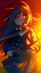 Rule 34 | 1girl, ahoge, black cardigan, black skirt, bow, bowtie, broken heart, broken heart hair ornament, brown hair, cardigan, collared shirt, commentary, commentary request, cowboy shot, debris, english commentary, evil neuro-sama, explosion, hair between eyes, hair ornament, hair ribbon, hands in pockets, heart, highres, long hair, long sleeves, looking at viewer, mike inel, neuro-sama, off-shoulder cardigan, open mouth, outdoors, pleated skirt, red bow, red bowtie, red eyes, ribbon, shirt, sidelighting, skirt, skull hair ornament, solo, vedal ai, virtual youtuber, white shirt