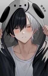 1boy animal_hood black_eyes black_hair black_hood black_jacket blush dog_hood grey_hood heterochromia hood hood_up hooded_jacket hoodie hyohls2_(hamao3o) jacket male_focus multicolored_hair multicolored_hoodie multicolored_jacket peanuts_(comic) sakura_haruka_(wind_breaker) shirt short_hair snoopy solo teeth two-tone_hair white_hair white_shirt wind_breaker_(nii_satoru) yellow_eyes