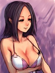 00s 1girl bare_shoulders black_eyes black_hair blue_background bra breast_hold breasts camisole cleavage eureka_seven eureka_seven_(series) facial_mark female_focus fumio_(rsqkr) large_breasts light_smile lingerie looking_away no_bra shadow short_hair simple_background smile solo striped talho_yuuki tattoo underwear upper_body