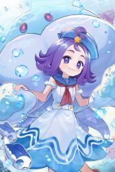 abe_(kumayu) acerola_(pokemon) acerola_(summer_2024)_(pokemon) creatures_(company) dress game_freak gen_5_pokemon hair_ornament hat highres jellicent jellicent_(male) looking_at_viewer nintendo official_alternate_costume pokemon pokemon_masters_ex purple_eyes purple_hair sailor sailor_collar sailor_hat short_hair sleeveless smile white_dress